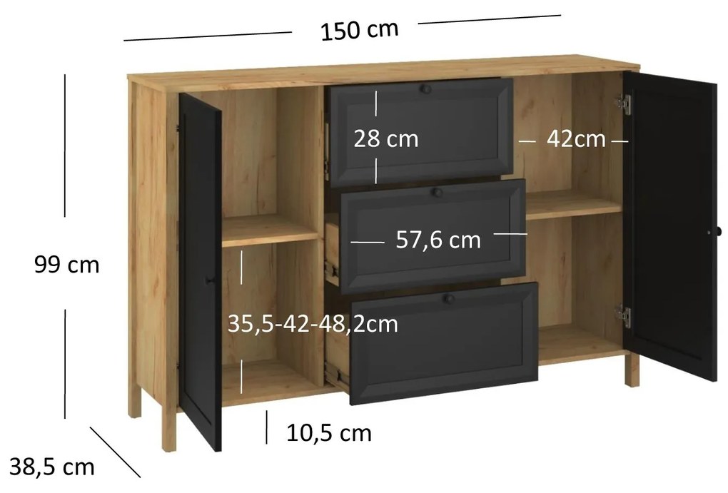 Comodă Bruselas 2 (stejar craft auriu + negru) . 1116782