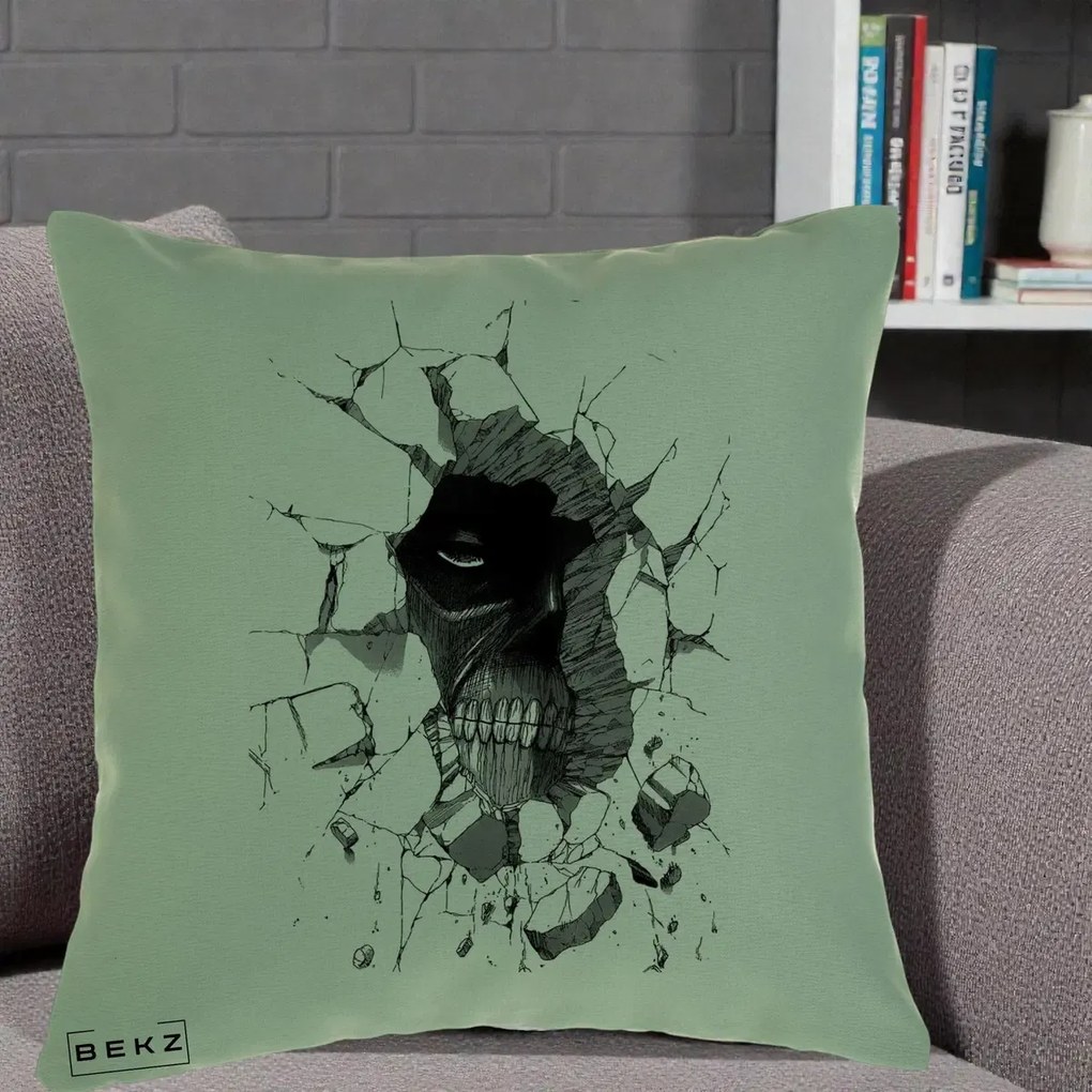 Perna Personalizata Attack on Titan Titan Crapand Zidul, 40x40 cm, Verde, Husa Detasabila, Perna Inclusa, BEKZ®