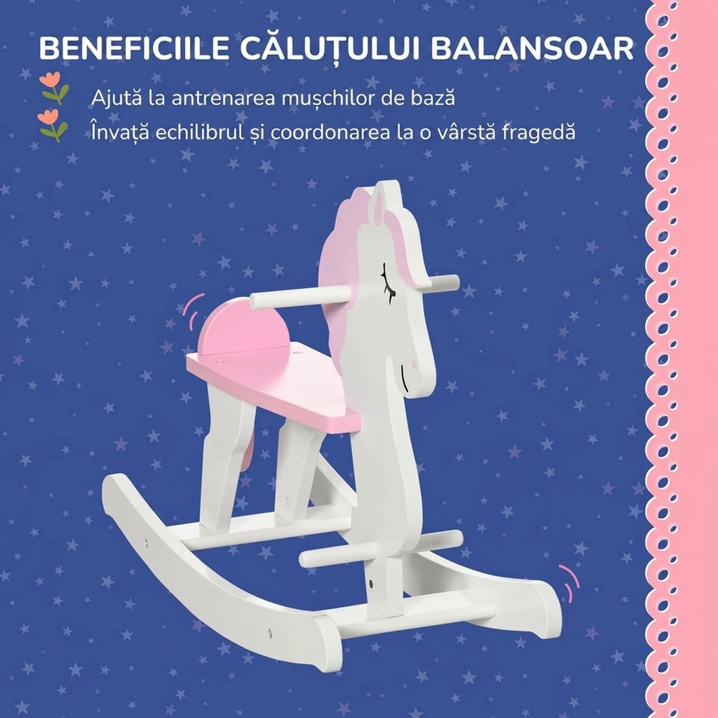 HOMCOM Cal Balansoar pentru Copii 1-3 Ani, din Lemn, 68 x 27 x 51,5 cm, Roz/alb | Aosom Romania