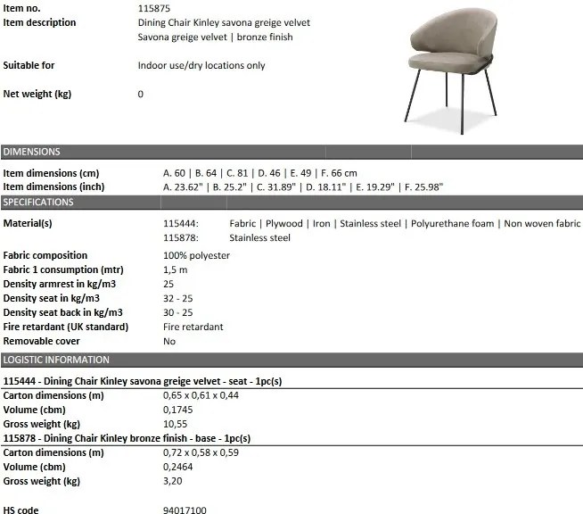 Scaun tapitat design LUX Kinley, catifea savona greige 115875 HZ