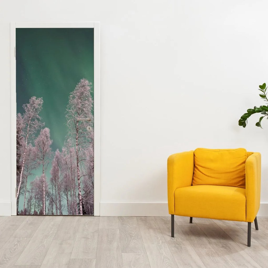 Fototapet pentru ușă - Aurora boreală peste copaci înghețați (95x205cm)