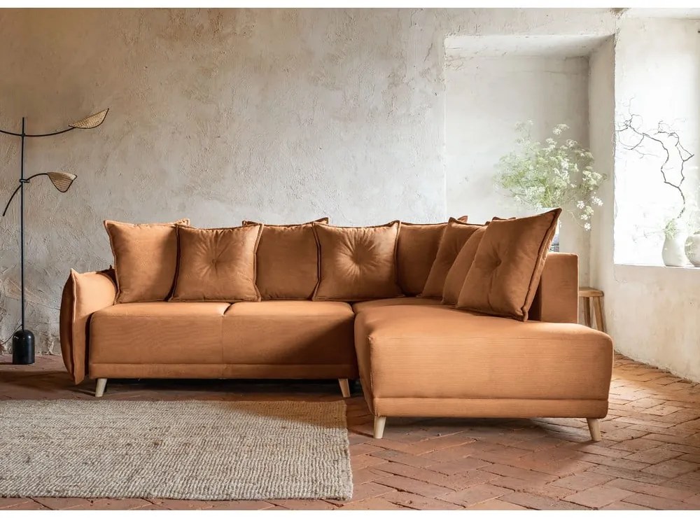 Colțar cărămiziu extensibil cu tapițerie din catifea reiată (colț dreapta) Lazy Lukka – Miuform