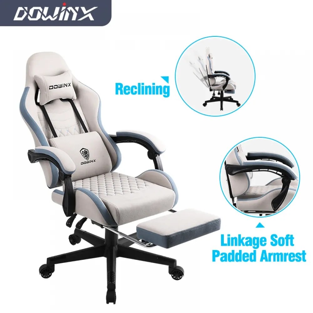 DOWINX Scaun gaming, ergonomic, suport lombar cu masaj, spătar înalt, reglabil, tetieră, rezistent 150 kg, material textil, suport pentru picioare, Ivory