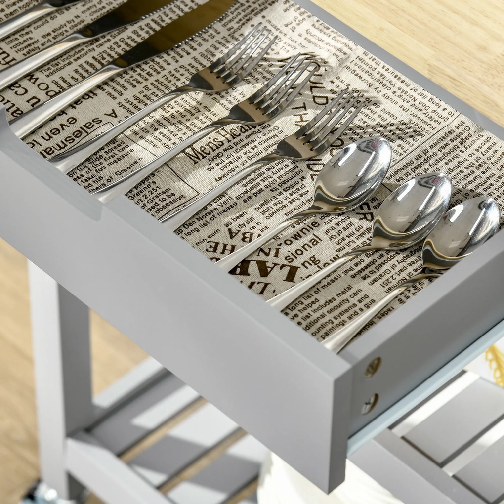 HOMCOM Cărucior de servire pentru bucătărie pe roți cu blat din lemn de hevea - 2 rafturi, 1 sertar și 1 suport pentru prosoape | Aosom Romania