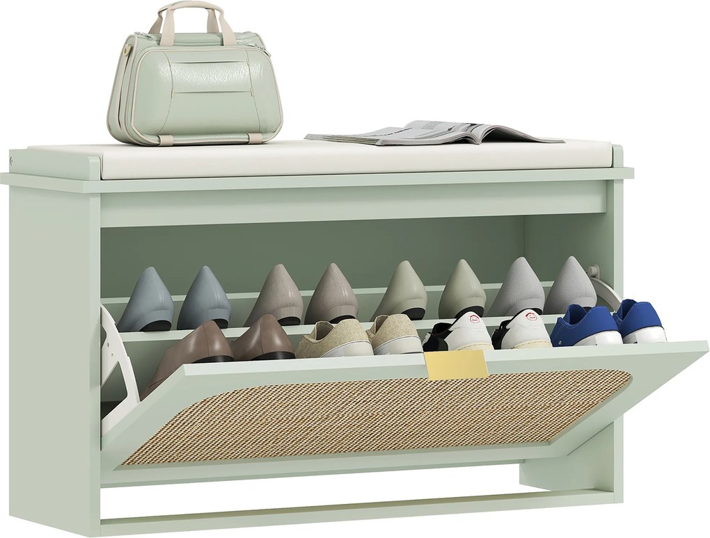 HOMCOM Banc pentru pantofi, banc de depozitare, șezut căptușit, sertar rabatabil, ușă din ratan, 80 x 26 x 47,5 cm, verde | Aosom Romania