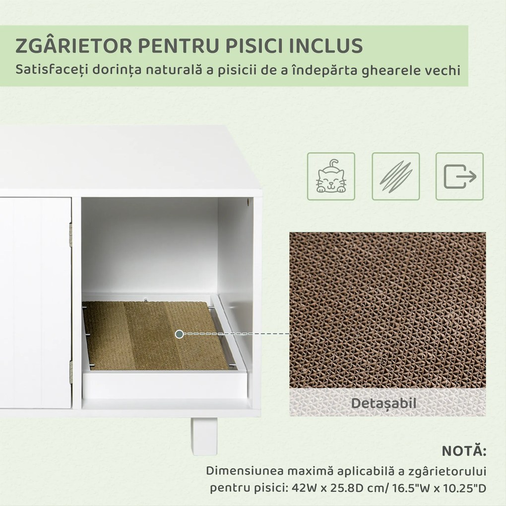 PawHut Mobilier din Lemn pentru Litiera Pisicilor, cu 2 Uși și Deschidere Laterală, 91x52x50,5 cm, Alb | Aosom Romania