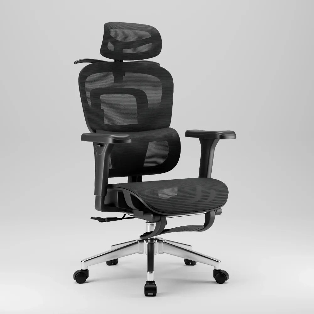 RESIGILAT- SIENA E15 Executive – Scaun Ergonomic cu Suport Lombar Reglabil pe Înălțime, Tetieră Reglabilă, Cotiere 3D, Șezut Extensibil, Reclinare 135°, Umeraș Integrat, Suport pentru Picioare și Bază Metalică, Mesh, Negru