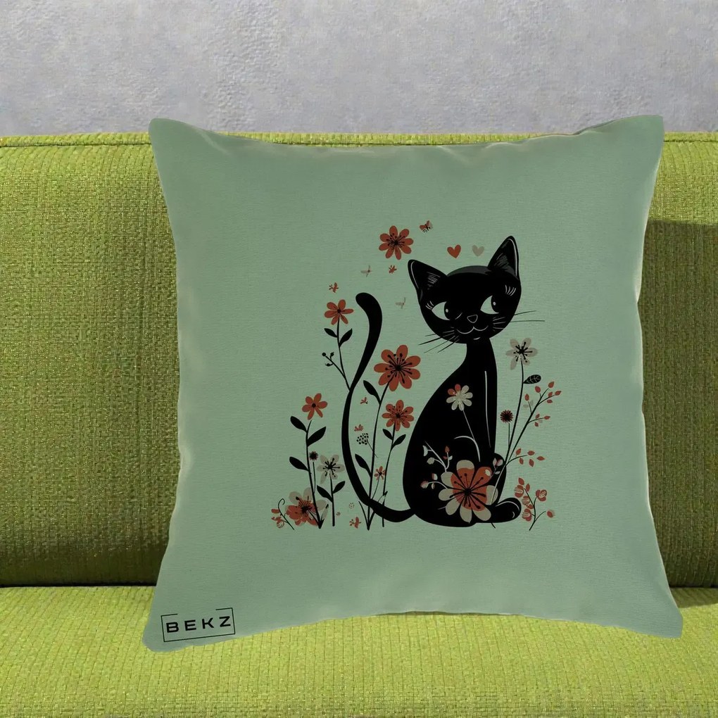 Perna Decorativa Pisica Neagra Flori Roz si Inimi, 40x40 cm, Verde, Husa Detasabila, Perna Inclusa, BEKZ®