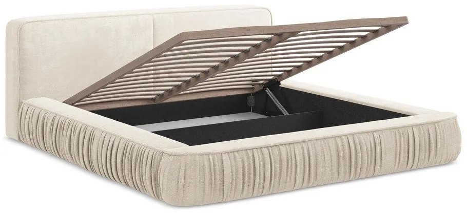Pat dublu tapițat crem cu spațiu de depozitare cu grilă 180x200 cm Keoni - Makamii