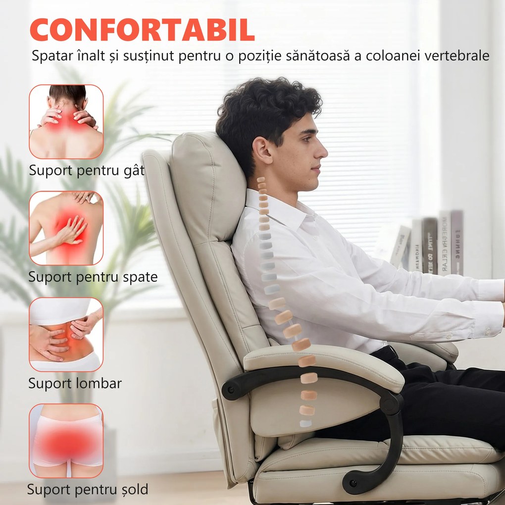 HOMCOM Scaun de Birou cu Masaj la 6 Puncte și Funcție de Încălzire, Reglabil 135° din Piele PU cu Suport pentru Picioare, Brațe Tapițate, Înălțime Reglabilă, Spătar Înalt, Gri Deschis | Aosom Romania