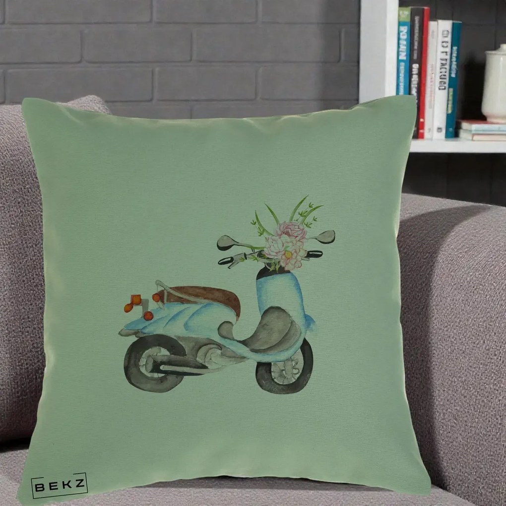Perna Decorativa Scuter Albastru cu Flori Acuarela, 40x40 cm, Verde, Husa Detasabila, Perna Inclusa, BEKZ®