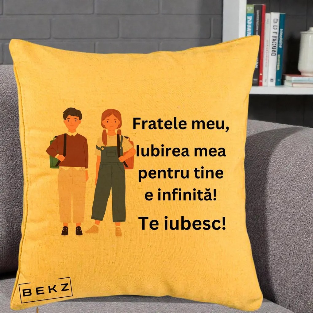 Cadou pentru Frate - Perna Personalizata Fratele Meu Te Iubesc Elevi Ilustratie Colorata, 40x40 cm, Galben, Husa Detasabila, Perna Inclusa, BEKZ®