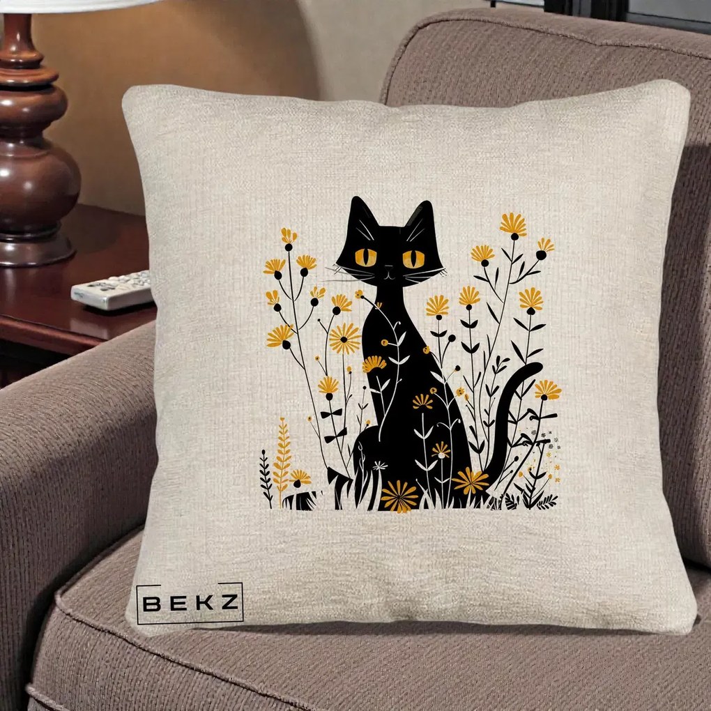 Perna Decorativa Pisica Neagra Ochi Galbeni Flori Galbene, 40x40 cm, Bej Canapea, Husa Detasabila, Perna Inclusa, BEKZ®