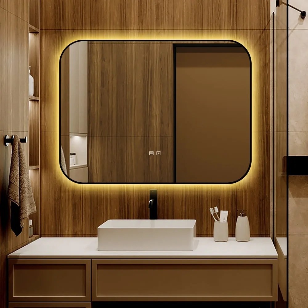 🪞 Oglindă LED cu Touch și Funcție Dezaburire – Ramă Negru, 80x60 cm, Model J187-8060 Smack