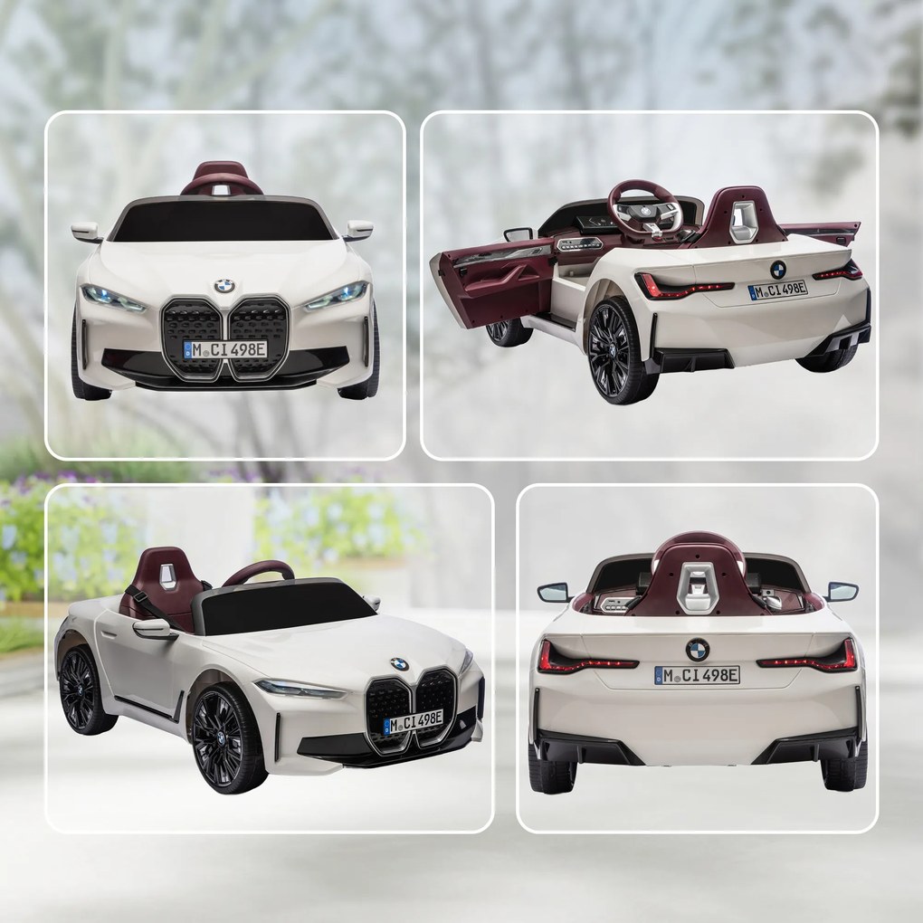 HOMCOM Masinuta Electrica pentru Copii BMW i4 cu Licenta de 12V cu Telecomanda, Baterii Portabile, Muzica, Claxon, pentru 3-6 ani Alb | Aosom Romania