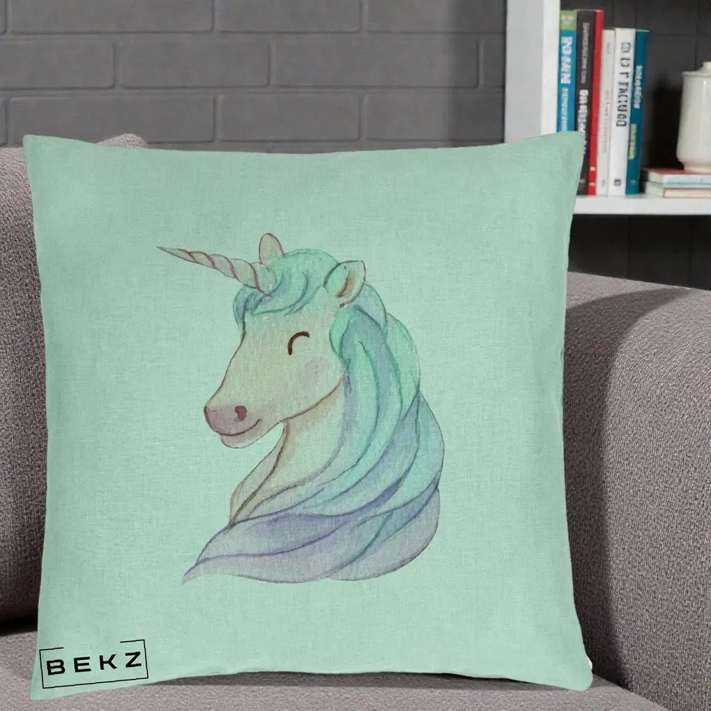 Perna Decorativa Unicorn Acuarela Pastel, 40x40 cm, Verde Menta, Husa Detasabila, Perna Inclusa, BEKZ®
