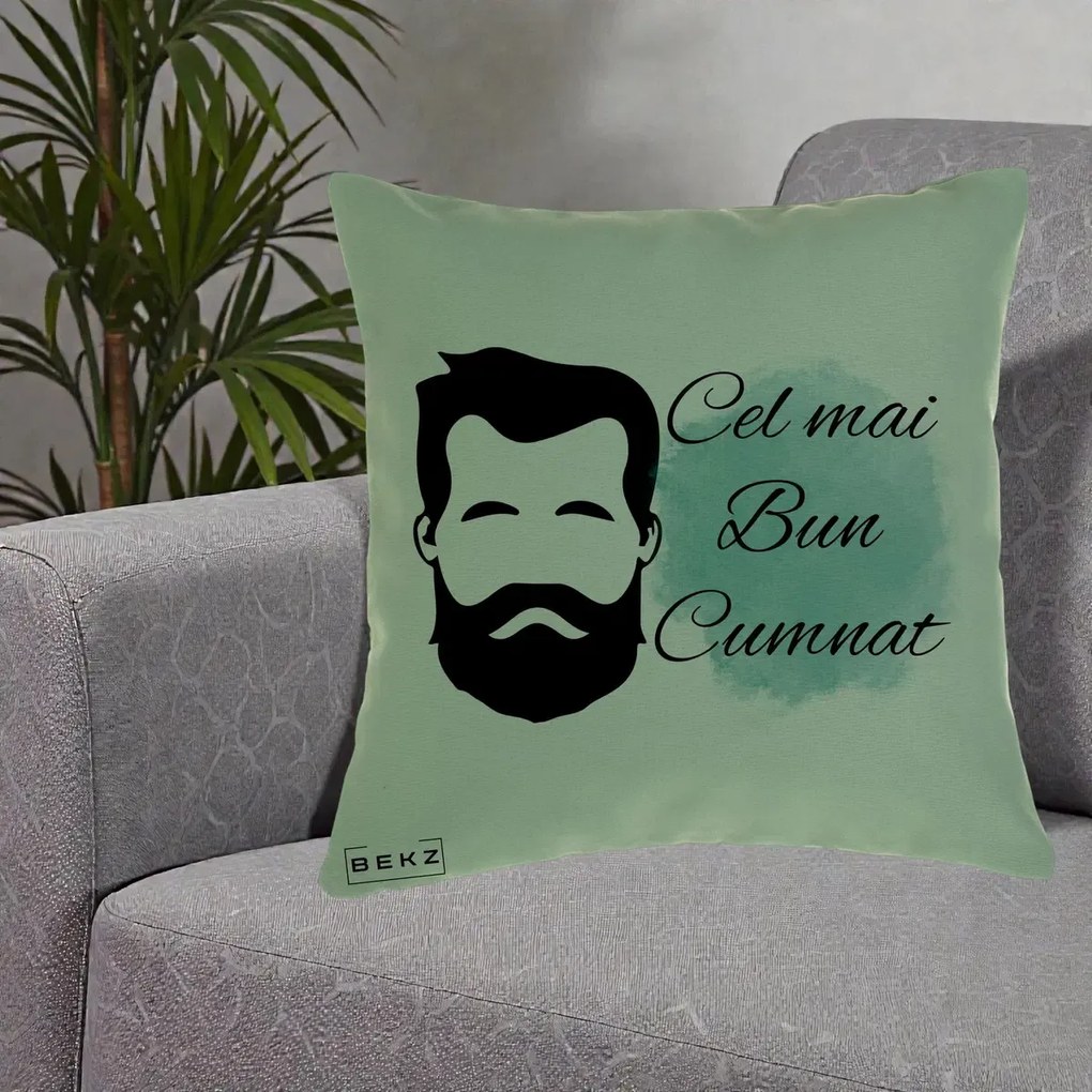Cadou pentru Cumnat - Perna Personalizata Cel mai Bun Cumnat cu Portret Barbat si Pete Teal, 40x40 cm, Verde, Husa Detasabila, Perna Inclusa, BEKZ®