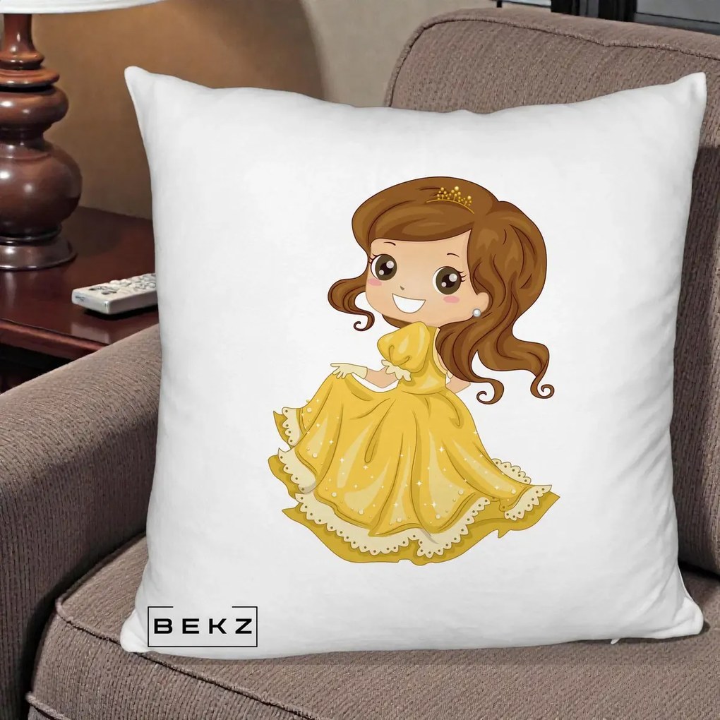 Perna Decorativa Printesa Bella Rochie Aurie, 40x40 cm, Alb Pufos, Husa Detasabila, Perna Inclusa, BEKZ®