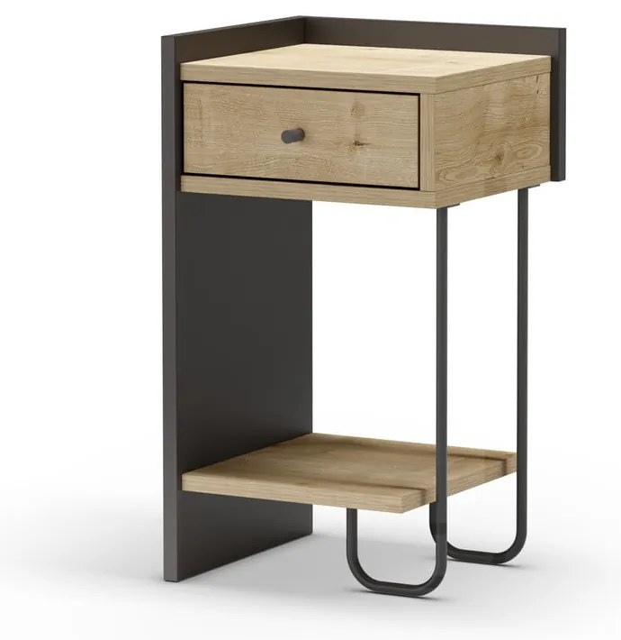 Noptieră neagră/în culoare naturală cu rafturi cu aspect de lemn de stejar Mercure – Marckeric