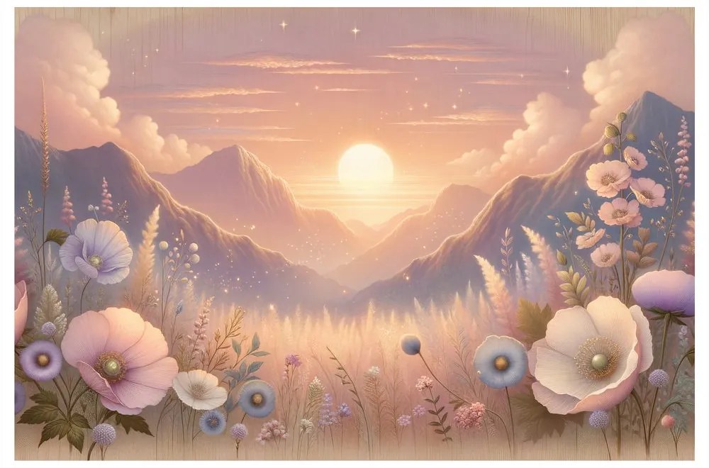 Tablou apus romantic cu pajiște