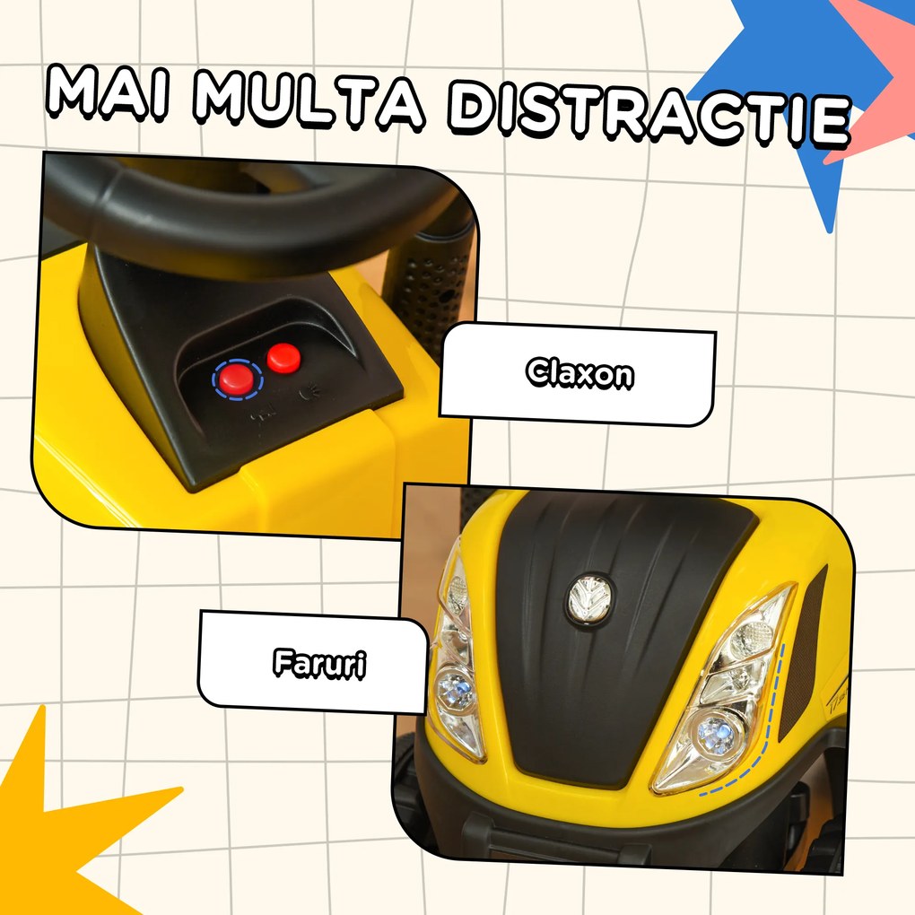 Tractor pentru Copii 12-36 Luni HOMCOM, Prevazut cu Loc cu Remorca, Grebla si Lopata, Joc Educativ, 91x29x44cm, Galben | Aosom Romania