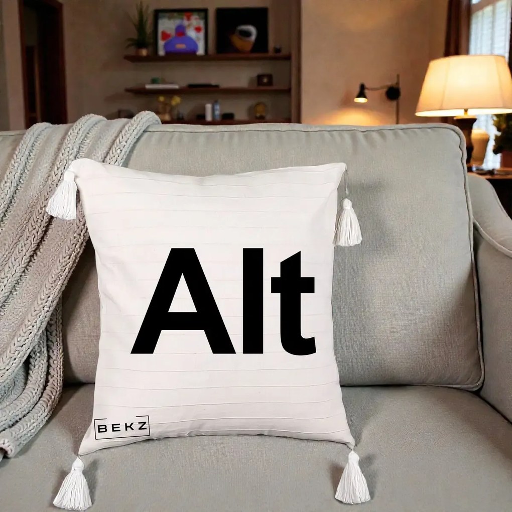Perna Personalizata Tasta Alt Tipografie Bold, 40x40 cm, Bej cu Franjuri, Husa Detasabila, Perna Inclusa, BEKZ®