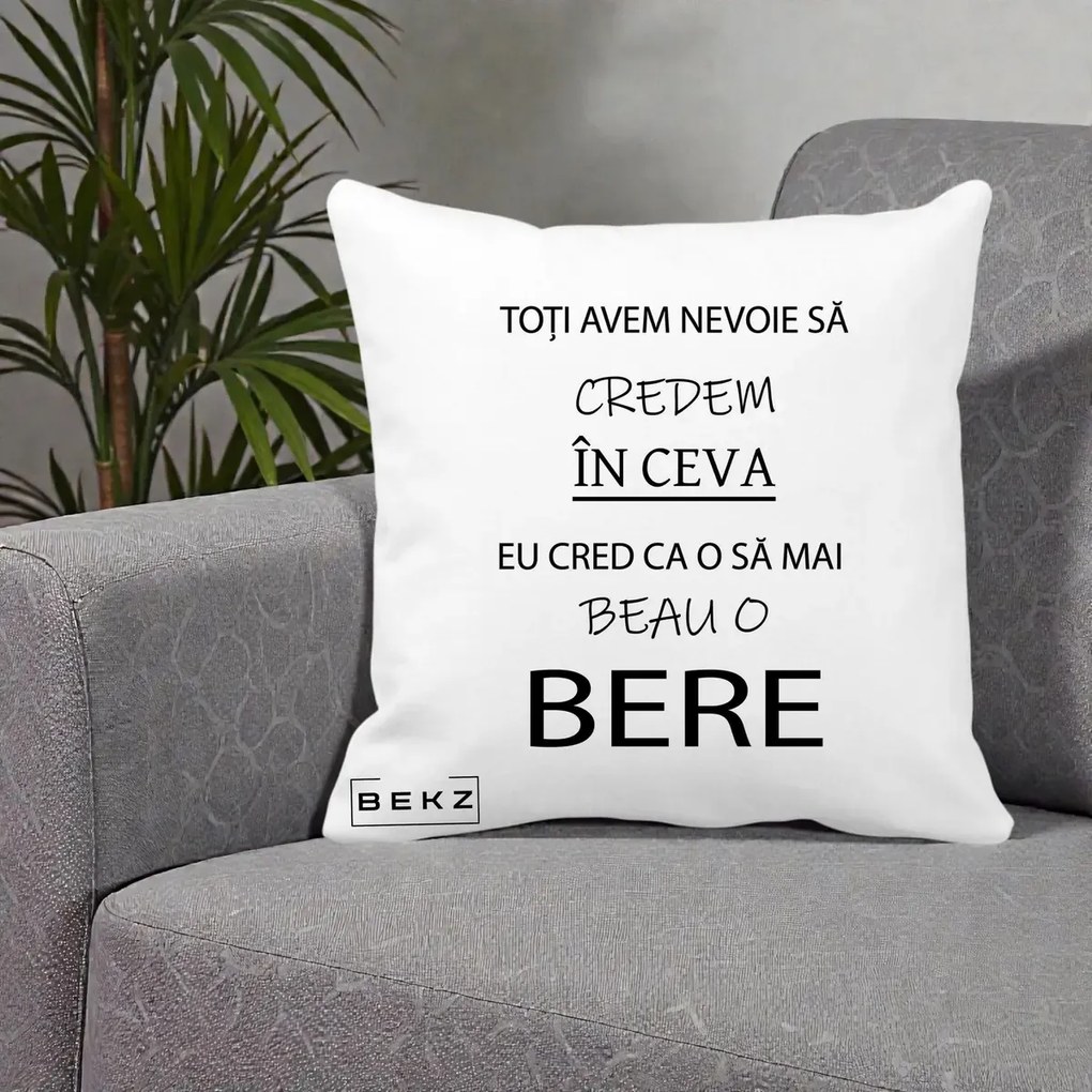Perna Decorativa Eu Cred ca mai Beau o Bere, 40x40 cm, Alba Mata, Husa Detasabila, Perna Inclusa, BEKZ®