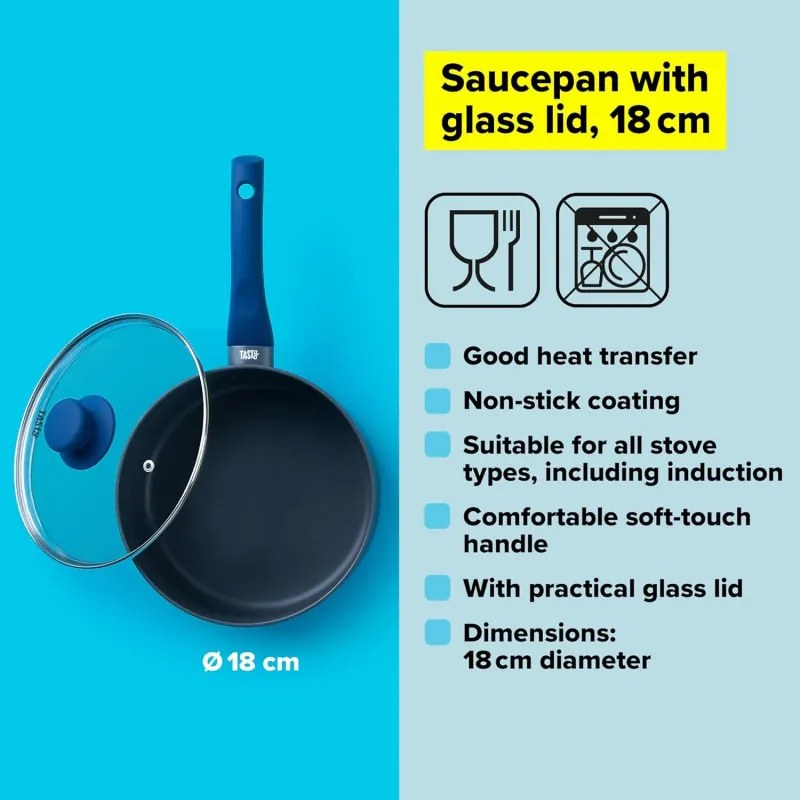 La mâna a doua: Cratita cu capac din sticla Tasty Everyday 678556, 18 cm, 1,8 l, Maner moale, Aluminiu, Acoperire antiaderenta, Albastru