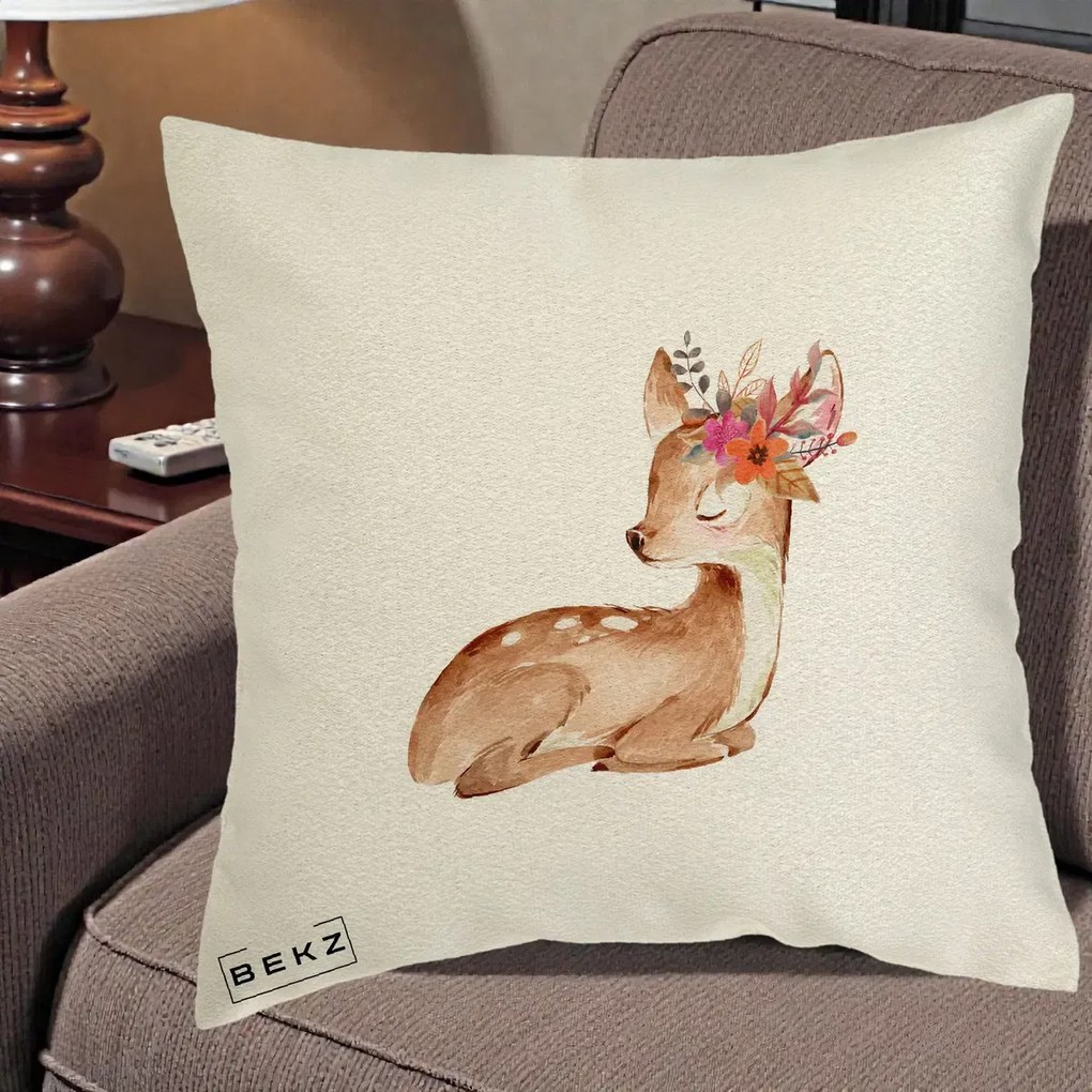 Perna Decorativa Caprioara cu Flori in Coama, 40x40 cm, Ecru, Husa Detasabila, Perna Inclusa, BEKZ®