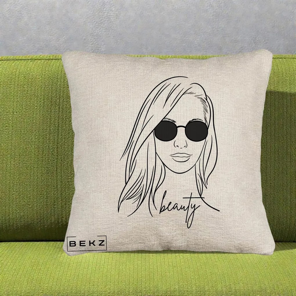 Perna Decorativa Beauty Girl Line Art, 40x40 cm, Bej Canapea, Husa Detasabila, Perna Inclusa, BEKZ®