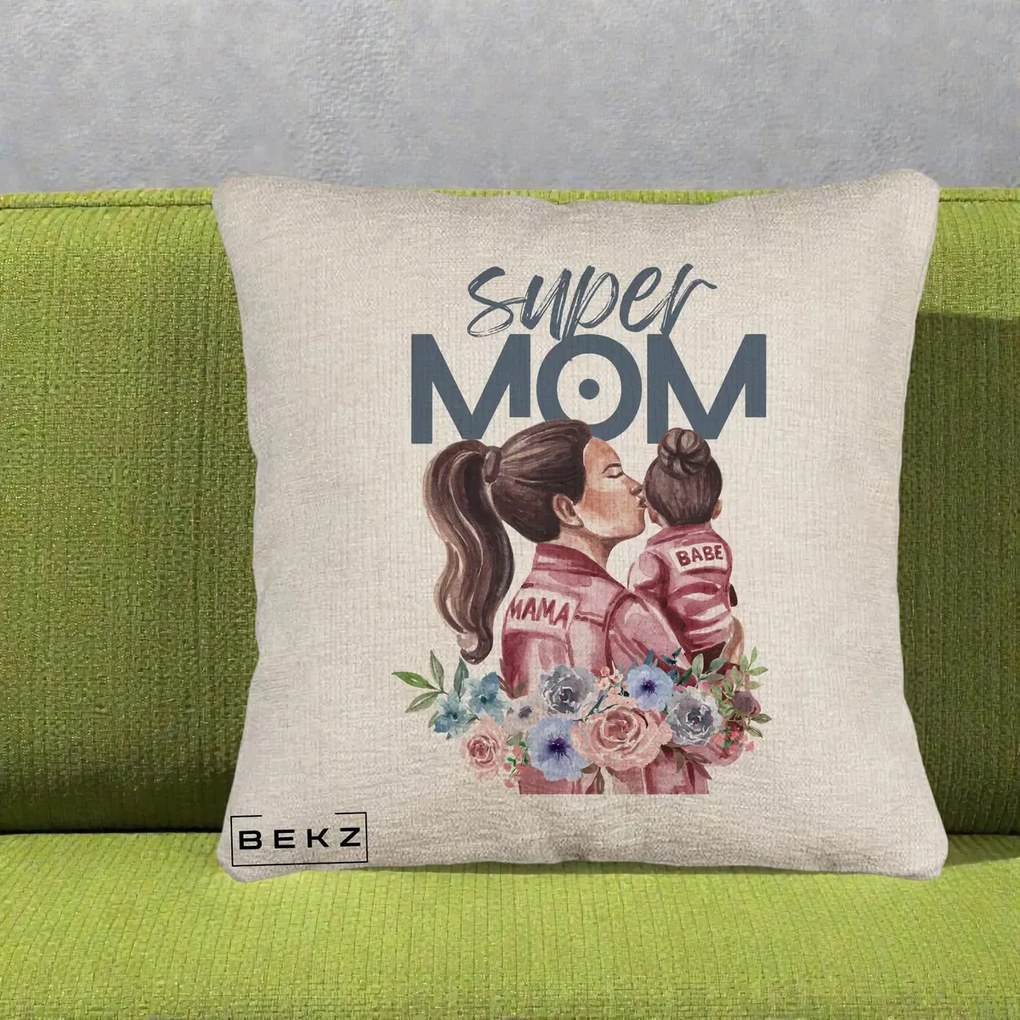 Cadou pentru Mama - Perna Personalizata Super Mom Mama cu Bebelusul, 40x40 cm, Bej Canapea, Husa Detasabila, Perna Inclusa, BEKZ®