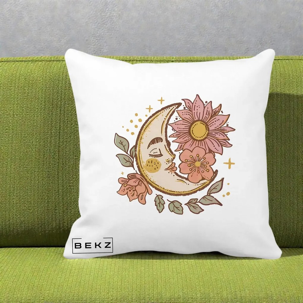 Perna Personalizata Luna Boho Chip Floral, 40x40 cm, Alba Mata, Husa Detasabila, Perna Inclusa, BEKZ®