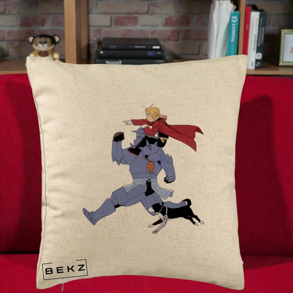 Perna Personalizata Fullmetal Alchemist Edward si Alphonse, 40x40 cm, Bej, Husa Detasabila, Perna Inclusa, BEKZ®