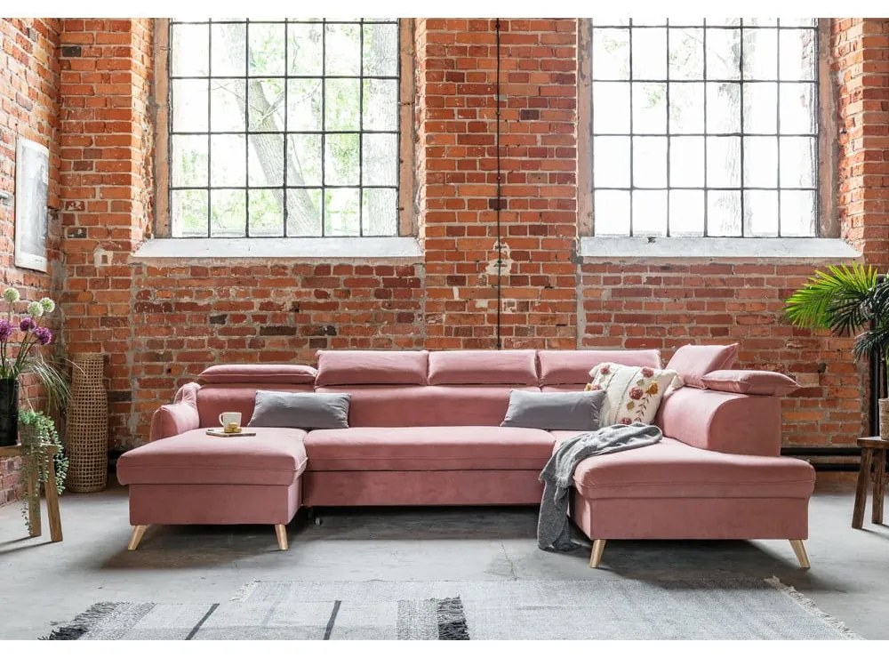 Colțar roz deschis extensibil cu tapițerie din catifea (cu colț pe partea dreaptă/în formă de "U") Sweet Harmony – Miuform