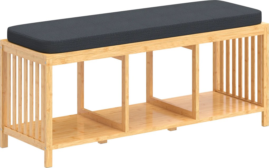 HOMCOM Bancă pentru pantofi din bambus, bancă de hol cu pernă căptușită și raft deschis, aspect lemn natural | Aosom Romania