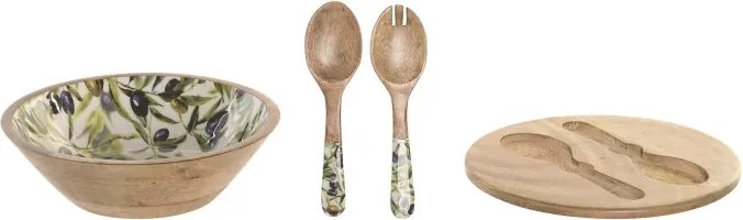 Set 3 boluri salată Mediterranean verde cu accente naturale din lemn de mango cu structură din rășină – "Olivia"