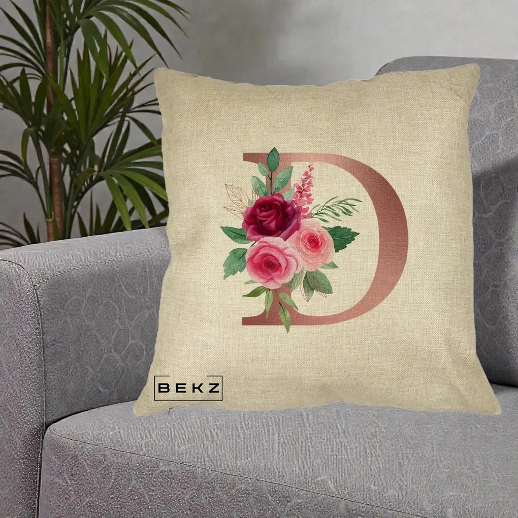Cadou Personalizat - Perna Personalizata Monograma Rose Gold Litera D, 40x40 cm, Crem, Husa Detasabila, Perna Inclusa, BEKZ®