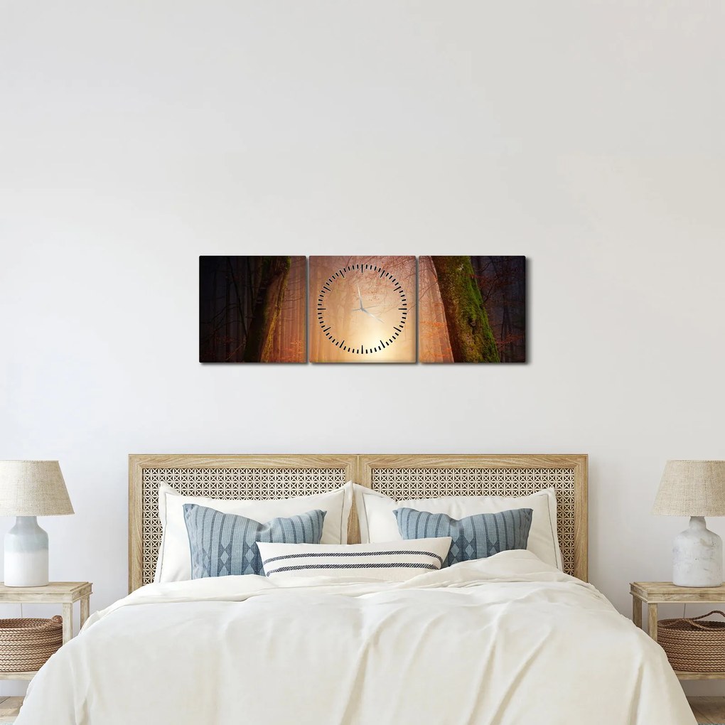 Tablou cu pădurea toamna în ceață (cu ceas) (90x30 cm)