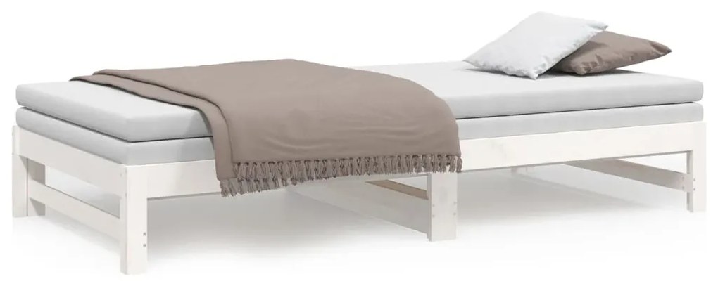 Pat de zi extensibil, alb, 2x(80x200) cm, lemn masiv de pin Alb, 205.5 x 158 x 30 cm