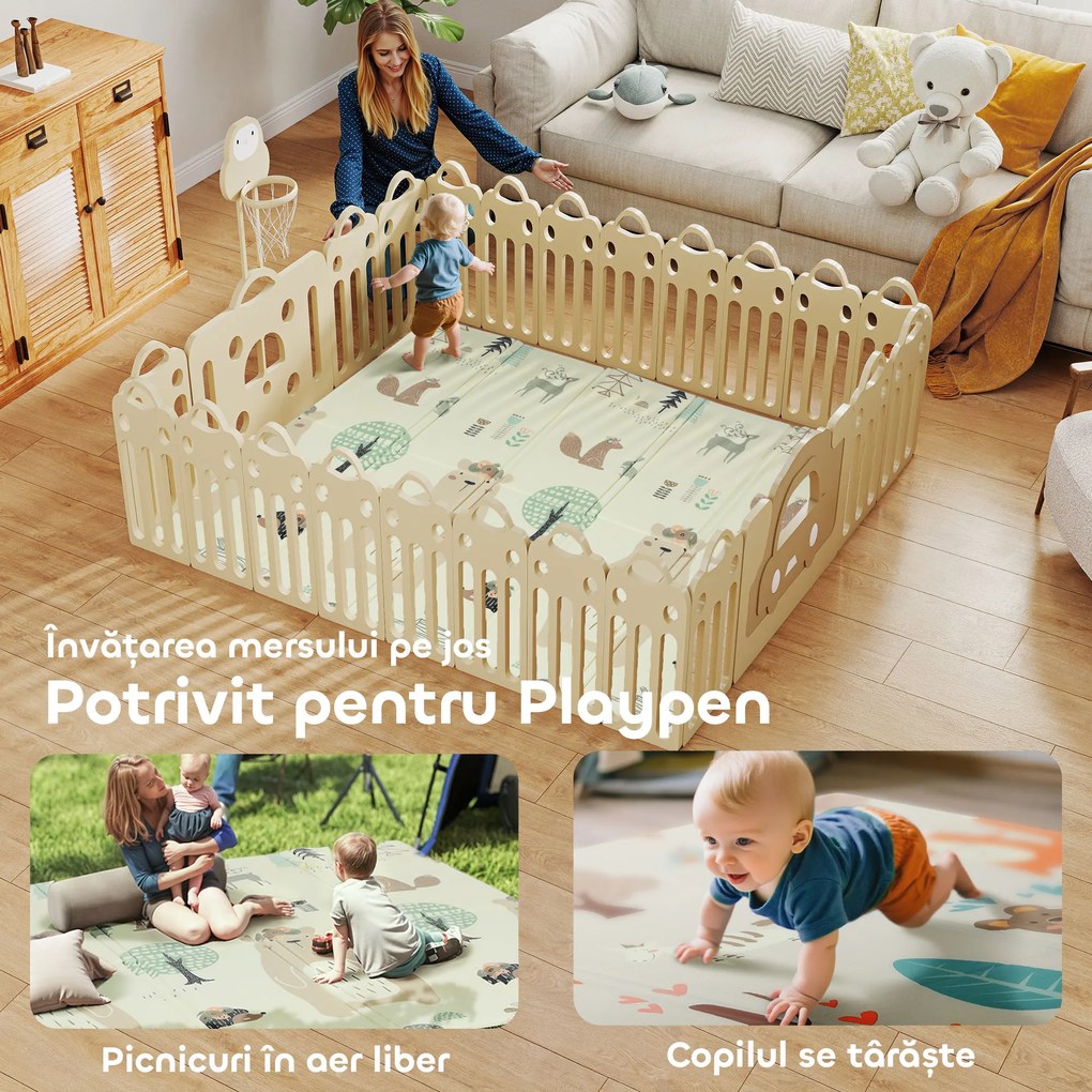 AIYAPLAY Covoraș Bebeluși Pliabil, Reversibil, Impermeabil, 196x176cm, Temă Animalieră | Aosom Romania