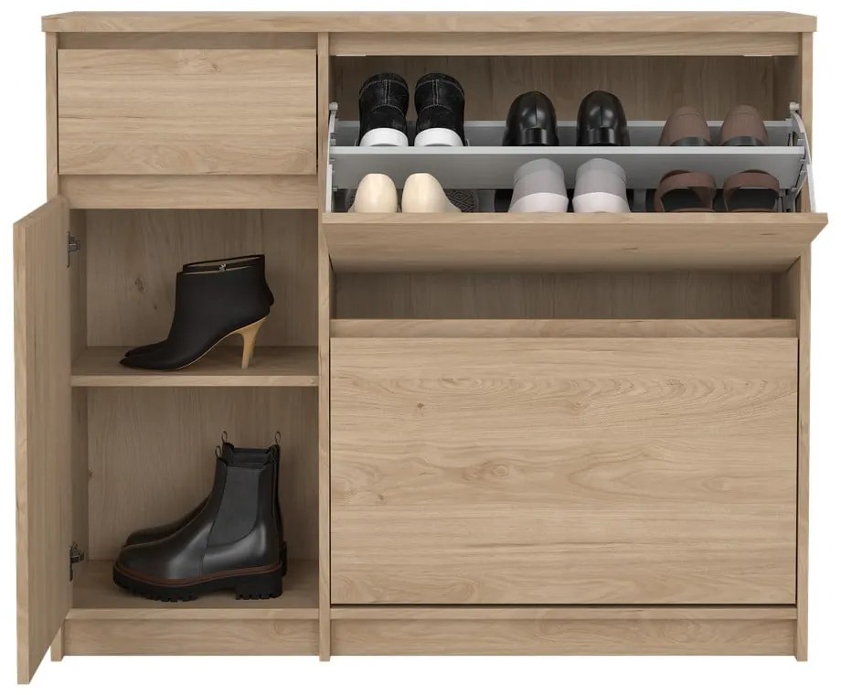 Pantofar în culoare naturală cu deschidere înclinată cu aspect de lemn de stejar 109x93x32 cm Naia – Tvilum