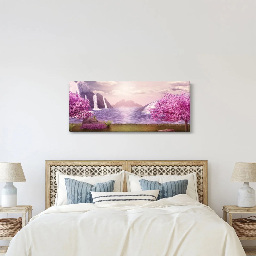 Tablou cu pomi roz cu lac (120x50 cm)