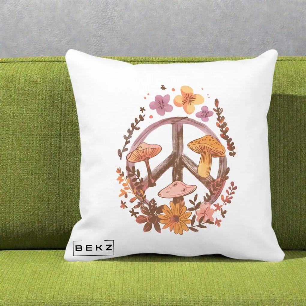 Perna Decorativa Peace Sign Ciuperci Floral, 40x40 cm, Alba Mata, Husa Detasabila, Perna Inclusa, BEKZ®