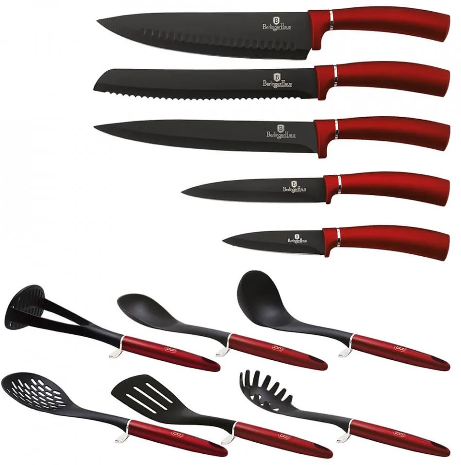 Set cutite otel inoxidabil si ustensile de bucatarie (12 piese) Burgundy Metalic Line Berlinger Haus BH 6248