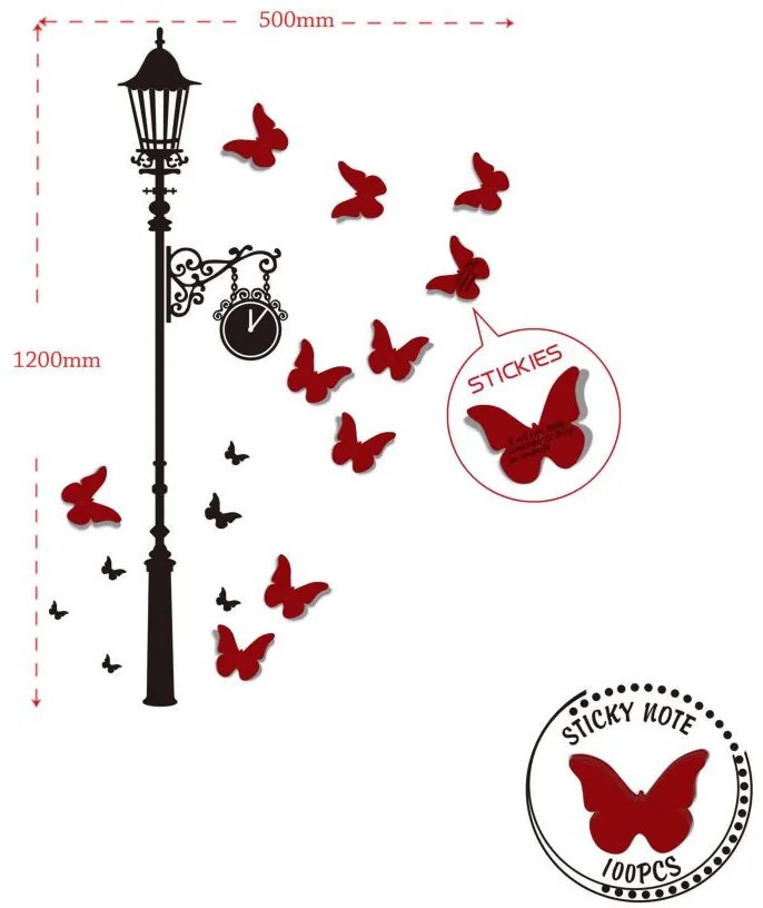 Sticker rosu / negru din vinil si PVC, cu note adezive, 120 x 50 cm, Butterflies Mauro Ferreti