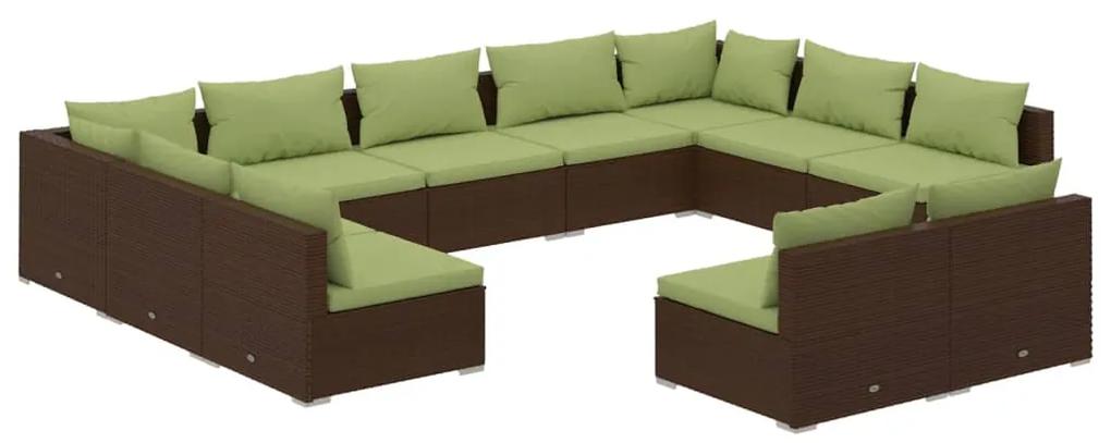 Set mobilier de gradina cu perne, 11 piese, maro, poliratan maro si verde, 2x colt + 9x mijloc, 1