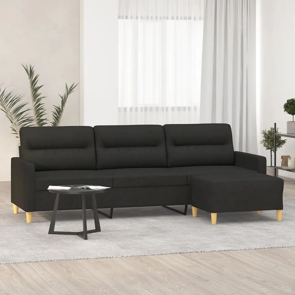 3153433 vidaXL Canapea cu 3 locuri și taburet, negru, 210 cm, textil