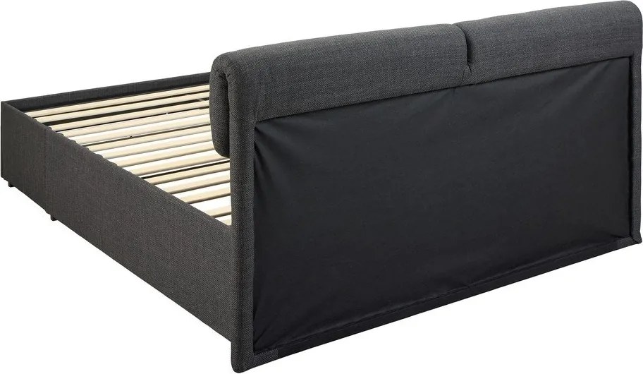 Pat matrimonial gri închis tapițat cu spațiu de depozitare cu somieră 160x200 cm Calvi – Actona