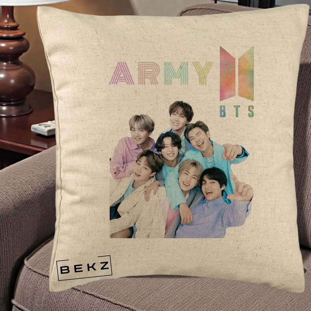 Perna Personalizata K-pop BTS ARMY Fotografie Grup Veseli, 40x40 cm, Bej, Husa Detasabila, Perna Inclusa, BEKZ®