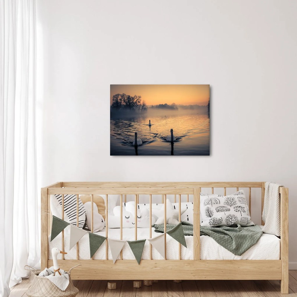 Tablou cu lebăde pe apă în ceață (70x50 cm)